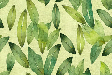 Natural eucalyptus leaves. Vintage foliage seamless pattern. Watercolor green olive branches. Clorful texture. Hand drawn floral background. Elegant watercolor seamless pattern with bamboo leaves.