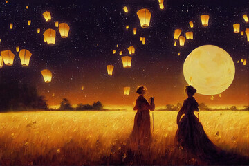 Romantic oil painting lovers on night field in tall grass by light of lanterns meeting starry night at sunset with big moon Fantasy love art Modern impressionism painting. © The 2R Artificiality