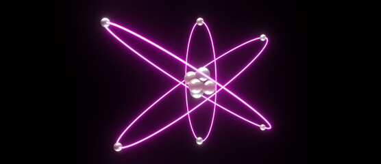 3D illustration model of an atom with nucleus, electrons, protons and neutrons orbiting in a circular path, science research isolated on black background, glowing pink neon