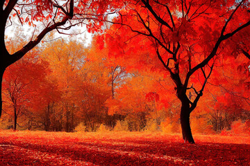 Fototapeta premium Amazing bright red autumn landscape, idyllic and peaceful wild nature scenery. Beautiful season fall background. Digital art.