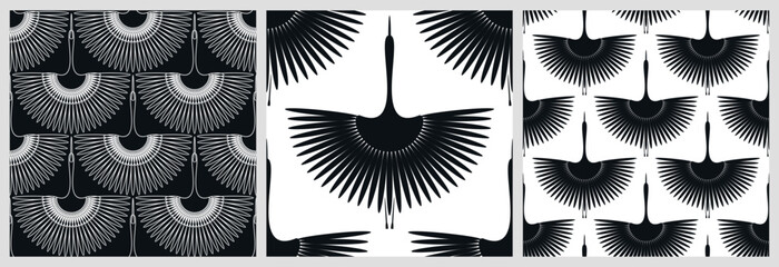 Flying bird. Swan. Seamless oriental pattern. Vector wallpaper.