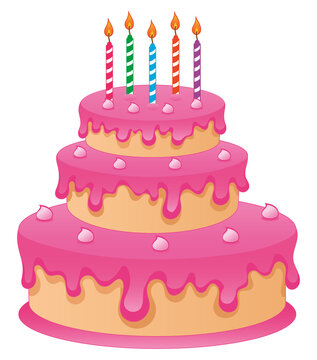 recommend clip art: Birthday cake illustration isolated. Birthday cake with five burning candles and pink cream