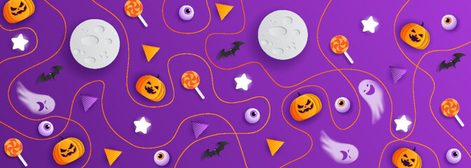 Happy Halloween Background vector illustration. Halloween hanging ornaments on purple background.