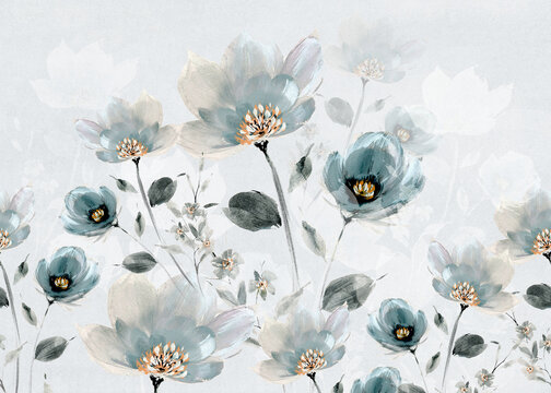 Wallpaper Of Flowers Modern In Tiffany Colors With Transparencies And Blue Background