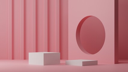 minimal pink backdrop with white pedestal podium mockup for beauty product, empty platform for showcase and presentation, 3d rendering