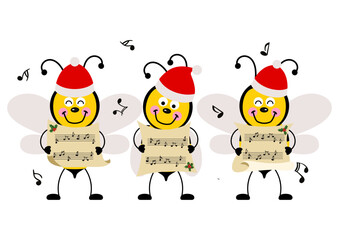 Group of cute bees chorus singing Christmas songs