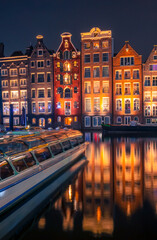 Pleasure Boat and Houses on Water in Night Amsterdam