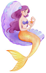 Cute mermaid .Watercolor marine illustration with fishes, mermaids, turtle in style, hand drawn icon png