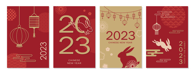Chinese new year 2023 year of the rabbit - Chinese zodiac symbol, Lunar new year concept, modern background design. Translation from Chinese: Good Luck and Fortunes - 534467933