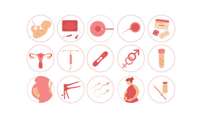 Motherhood set. Woman fertility icon set. Obstetrics signs collection. Pregnancy insemination contraception concept.