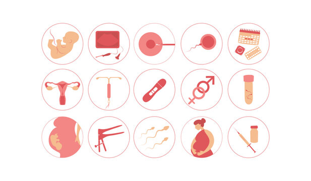 Motherhood set. Woman fertility icon set. Obstetrics signs collection. Pregnancy insemination contraception concept.