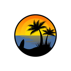 Fototapeta na wymiar Island Logo Design with Coconut Trees and Sunset