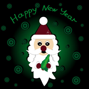 Christmas cut out paper greeting card with santa claus with beautiful christmas tree in the hands, xmas balls and inscription Happy New Year. Christmas concept. 