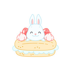 Cute bunny and a strawberry dessert. Flat cartoon illustration of a little white rabbit sitting on an eclair with cream isolated on a white background. Vector 10 EPS.