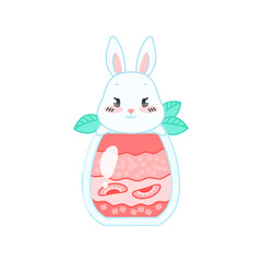 Cute bunny and a strawberry dessert. Flat cartoon illustration of a little white rabbit sitting on an ice cream float glass isolated on a white background. Vector 10 EPS.