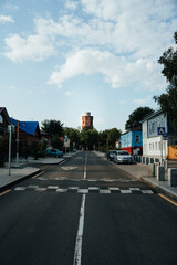 Water tower on the central street of Zaraysk - the old town of the Moscow region. Old Russian, Soviet and modern architecture.