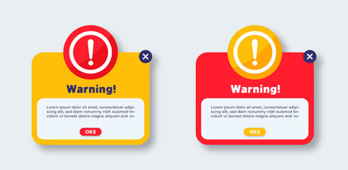 Warning pop up window template collection. Warning notification messages.