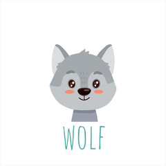 cute cartoon wolf. Animal in flat style.Illustration of wolf face head for cards,magazins,banners
