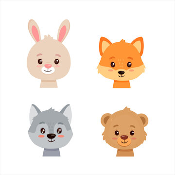 Cute cartoon forest animals including a fox, bear, rabbit, bunny, and wolf.Illustration of forest animal heads and faces.