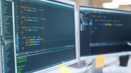 Close up shot. Specialist coding on screen in office, Man hand holding pen pointing at computer screen coding html and programming on computer. Web development. Website developer working on project