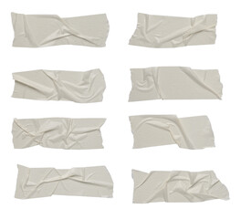 White scotch tape on white background, crumpled sticky tape, different sizes. Vector illustration.