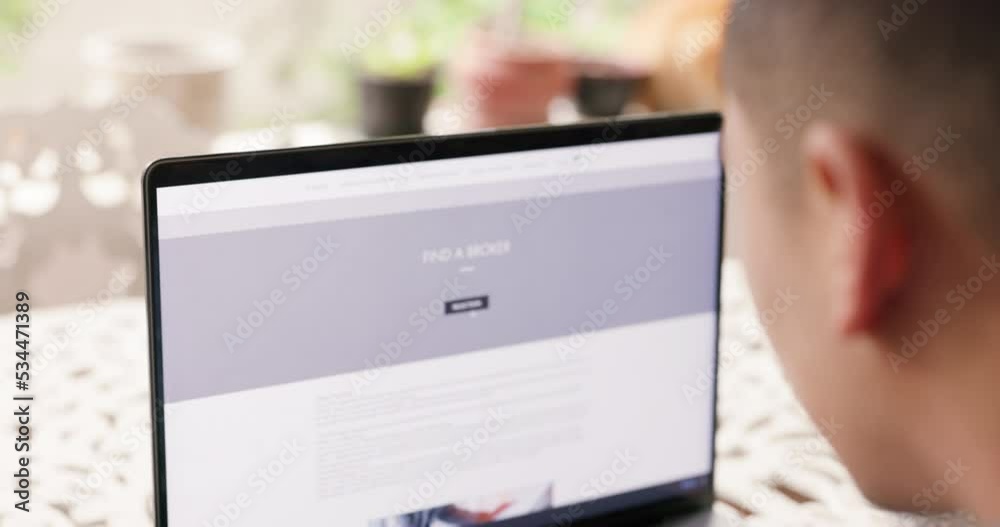 Poster laptop search, broker planning and man on website for investment of money, ecommerce business on the