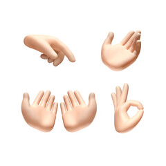 Hand gestures set, isolated on white background. Collection of cartoon hands in various gesture activity. 3D render illustration