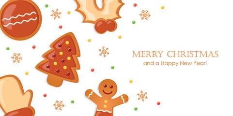 christmas greeting card with gingerbread cookies decoration on blue background