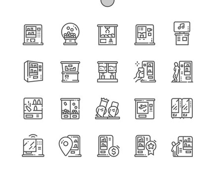 Vending machine. Self service. Automatic machine technology with food, drink, coffee, candy and toys. Juice dispenser. Pixel Perfect Vector Thin Line Icons. Simple Minimal Pictogram
