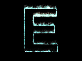 Neon flame letter E. Font outline ocean blue fire.