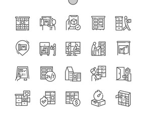 Parcel machines. Automated parcel locker with mailbox. Pack station. Street post terminal. Pixel Perfect Vector Thin Line Icons. Simple Minimal Pictogram