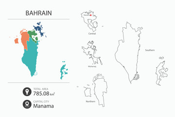 Map of Bahrain with detailed country map. Map elements of cities, total areas and capital.