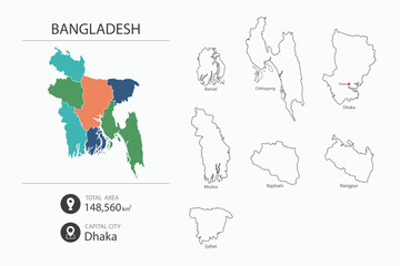 Map of Bangladesh with detailed country map. Map elements of cities, total areas and capital.