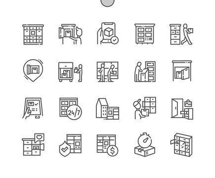 Parcel machines. Automated parcel locker with mailbox. Pack station. Street post terminal. Pixel Perfect Vector Thin Line Icons. Simple Minimal Pictogram