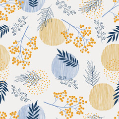 Merry Christmas seamless pattern with branches, leaves and berries for greeting cards, wrapping papers. Seamless winter pattern. Vector illustration.