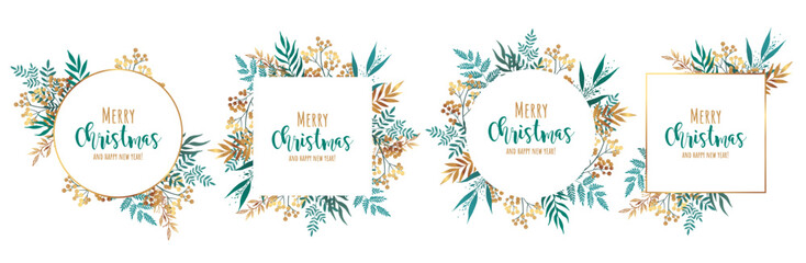 Collection of  Christmas wreaths with fir branches, berries, leaves and other elements. Frames for winter design such as Christmas card, poster, invitation, banner. Vector