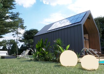 Panele solarne, fotowoltaiczne na dachu nowoczesnej stodoły - obrazy, fototapety, plakaty