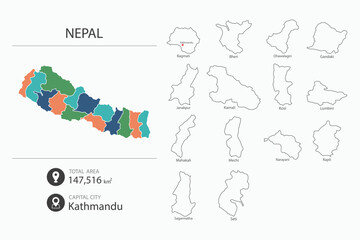 Map of Nepal with detailed country map. Map elements of cities, total areas and capital.