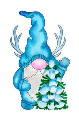 Festive gnome with deer antlers and Christmas tree