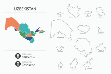 Fototapeta premium Map of Uzbekistan with detailed country map. Map elements of cities, total areas and capital.