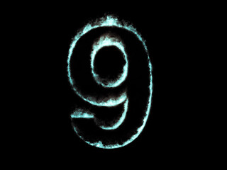 Neon flame number 9. Font outline ocean blue fire.