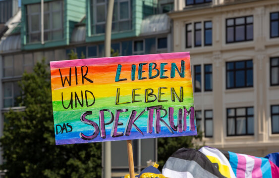 Schild auf einer CSD-Parade mit der Aufschrift "Wir lieben und leben das Spektrum" in Regenbogenfarben