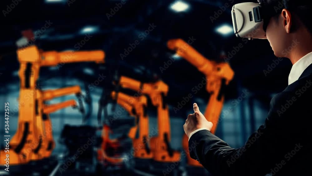 Poster engineer use cybernated robotic software to control industry robot arm in factory . automation manuf