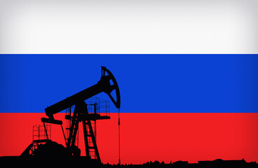 Crude oil Pumpjack on the background of the Russian flag . Fossil crude output. Oil drill rig and...
