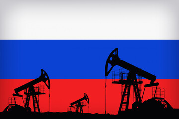 Crude oil Pumpjack on the background of the Russian flag . Fossil crude output. Oil drill rig and drilling derrick. Global crude oil Prices, energy, petroleum demand (OPEC+). Pump jack at oilfield.