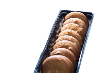 Cookies in a plastic package on a white background top view