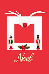Christmas noel sign festive abstract red background border with reindeer antlers, nutcracker toy...
