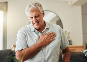 Senior man, heart attack and stroke at home for emergency health risk, breathing problem and...
