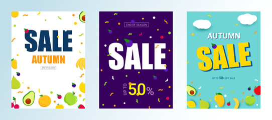 Set poster - Sale Autumn. Bright banner with confetti or fruits.