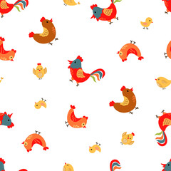 Seamless pattern with cute hen, rooster, chick. Farm in hand-drawn style. Design for fabric, textile, wallpaper, packaging.	
